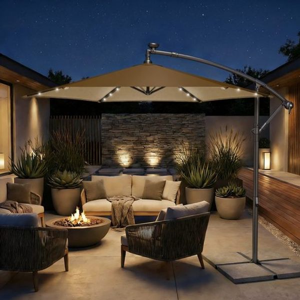 Songmics Sonnenschirm mit LED-Solar-Beleuchtung und Ständer, UPF 50+, Stahl taupe, Ø 300 cm