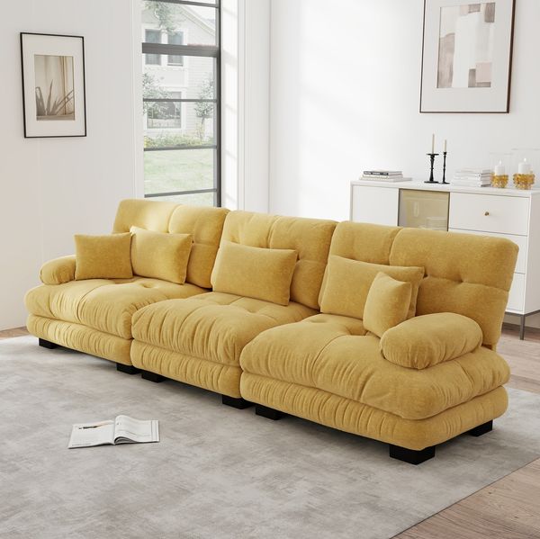 3-Sitzer Sofa, Chenille mit tiefem Sitz & modularem Design, 313 x 77 x 81 cm, Gelb