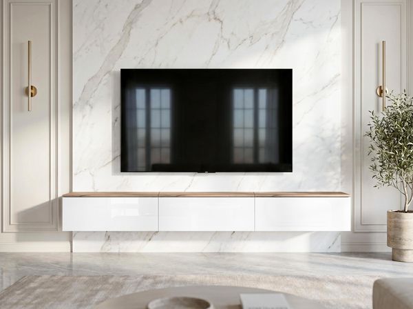 AX LIVING Barvo 3x100 TV Kommode Lowboard Braun/Weiß Hochglanz Hängend