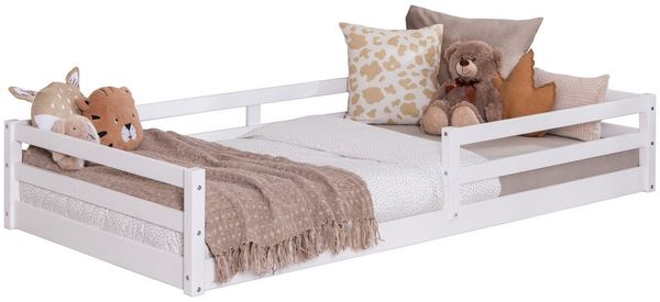 Ticaa Kinderbett, Neo Hausbett Bodenbett mit Rausfallschutz 150kg, inkl. Lattenrost & abnehmbarem Rausfallschutz, 90x200, Weiß