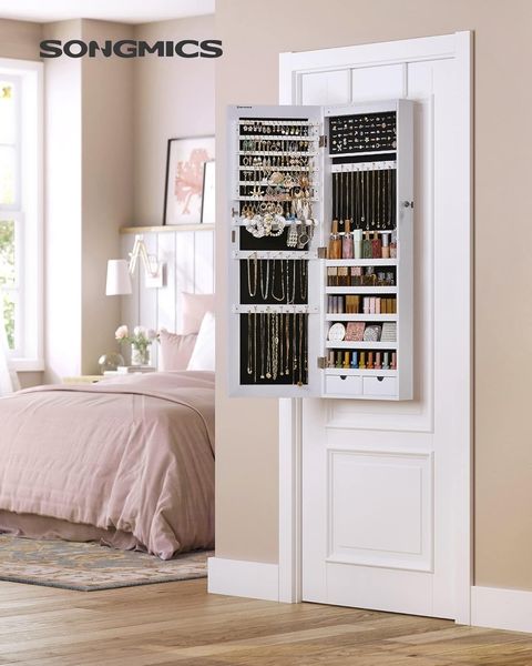 SONGMICS Schmuckschrank hängend, Spiegelschrank mit LED-Innenbeleuchtung, an der Tür hängend, MDF weiß, 37 x 9,3 x 108 cm