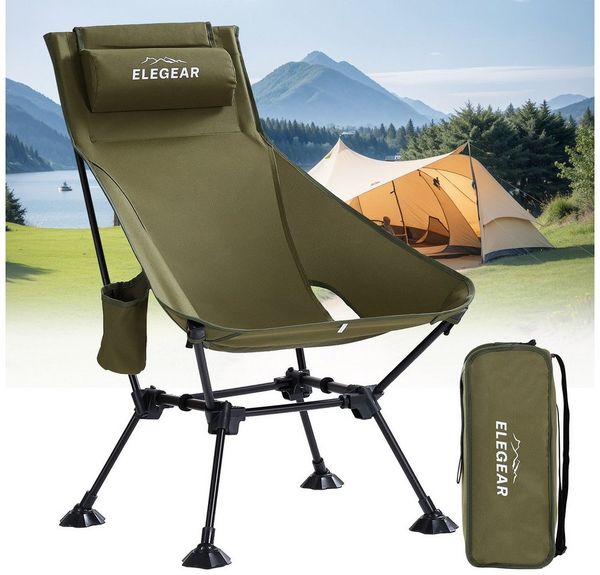 Elegear Campingstuhl faltbar Klappstuhl Anglersessel mit Getränkehalter & Tasche, bis 150kg (1 St), praktisch & ideal für unterwegs, Festival, Open-Air, Angelntuhl