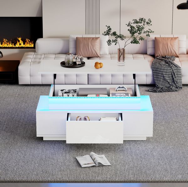Höhenverstellbarer Couchtisch 96x45x40 cm, Hochglanz Weiß mit LED, verstecktem Stauraum & Schublade