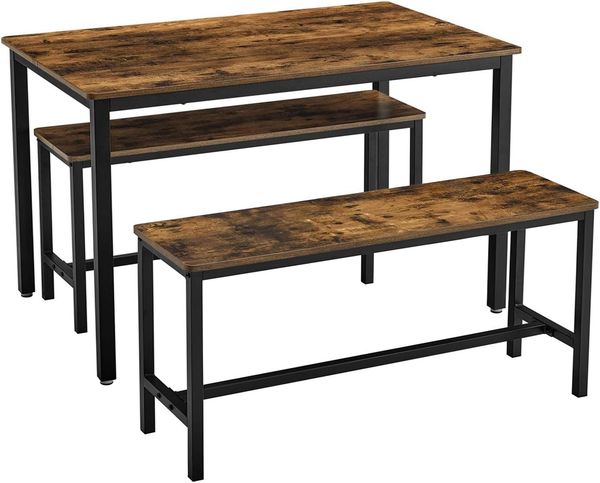 Vasagle Küchentisch-Set mit 2 Bänken, Metallgestell vintagebraun-schwarz, 110 x 70 x 75 cm