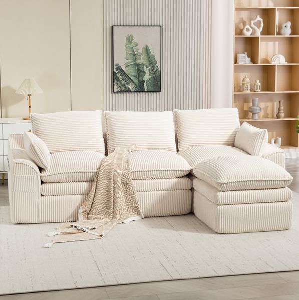 3-Sitzer Sofa mit Hocker, Cord, modular, 263 x 167 x 85 cm, Beige