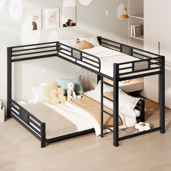 Merax Etagenbett 90x200cm/140x200cm in L-Form (Stockbett Jugendbett Mehrzweckbett, 1-St), Metallbett Doppelbett Kinderbett mit Stauraum, Leiter und Schutzzaun