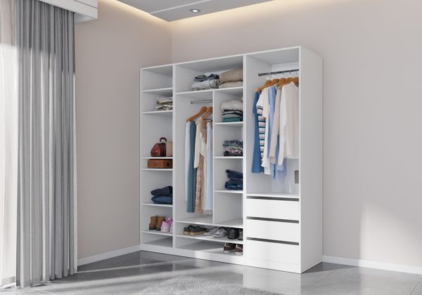 Marmex Möbel TRES SET E(B) offener Mehrzweckschrank-Set, modularer Kleiderschrank mit Kleiderstangen, Einlegeböden für Kleidung, Schuhe, laminierte Spanplatte, weiß, 200x206x51 cm