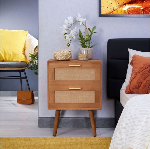 CARO-Möbel Nachtkommode WAMAN, Nachttisch Nachtkommode 2 Schubladen aus Holz und Jute Geflecht Boho