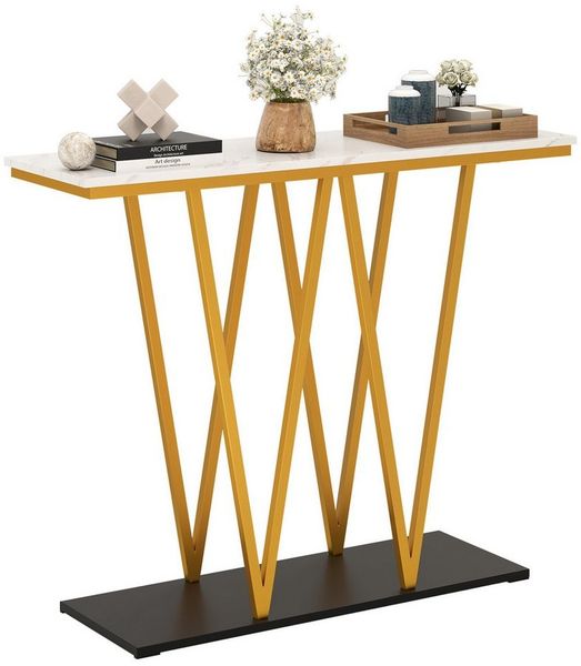 COSTWAY Konsolentisch, schmal 100cm, Flurtisch Marmor Optik, Metallgestell Gold