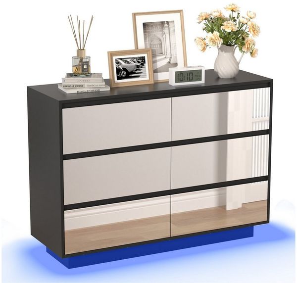 UEV Spiegelschrank mit LED-Beleuchtung, einstellbare Farben Kommode mit 6 Schubladen (Spiegelschrank, Wohnzimmerschrank, Schlafzimmerschrank) 100 x 34 x 72,5cm für Wohnzimmer Schlafzimmer Flur