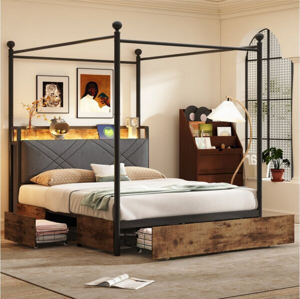 Flieks Himmelbett, Stauraumbett Metallbett 140x190cm mit 3 Schubladen, LED und USB/Typ-C