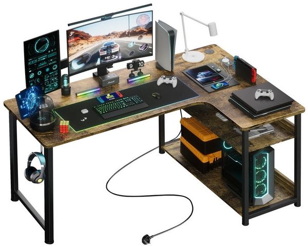 GTPLAYER Schreibtisch Gaming Tisch Eckschreibtisch mit Regal USB-Ladeanschluss und Steckdose (1 Tisch), 120/100cm Computertisch L Form, PC Tisch für Büro, Heimbüro