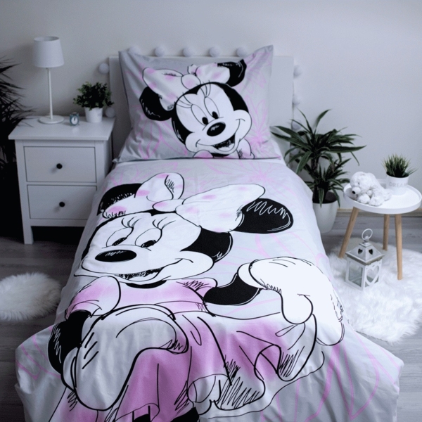 Disney Minnie Mouse Baumwoll-Bettwäsche 140x200 cm Deckenbezug + 70x90 cm Kissenbezug mit Reißverschluss