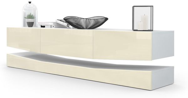 Vladon Lowboard City, TV-Kommode mit Sockelelement, 1 offenem Fach und 3 Schubkästen, Weiß matt/Creme Hochglanz (178 x variabel x 39 cm)