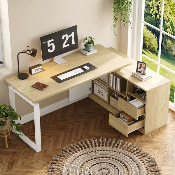 Flieks Eckschreibtisch L-förmiger Schreibtisch mit 2 Schubladen, 3 offenen Regalen Holzoptik (152 x 113,5 x 76 cm, 2-St, Gaming-Schreibtisch aus MDF in Naturholzfarbe & weiße Stahlbeine), Computertisch Bürotisch Arbeitstisch mit verstellbaren Einlegeböden