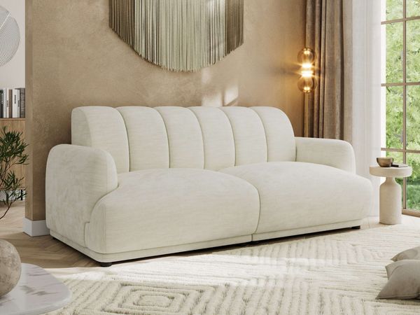 Modernes 3-Sitzer Design Sofa GERRA, feststehende Couch mit ergonomischer HR-Schaum Rückenlehne, hochwertige Wellenfederung, stabiler Massivholzrahmen, Luxus-Optik - Creme Schenille glatt