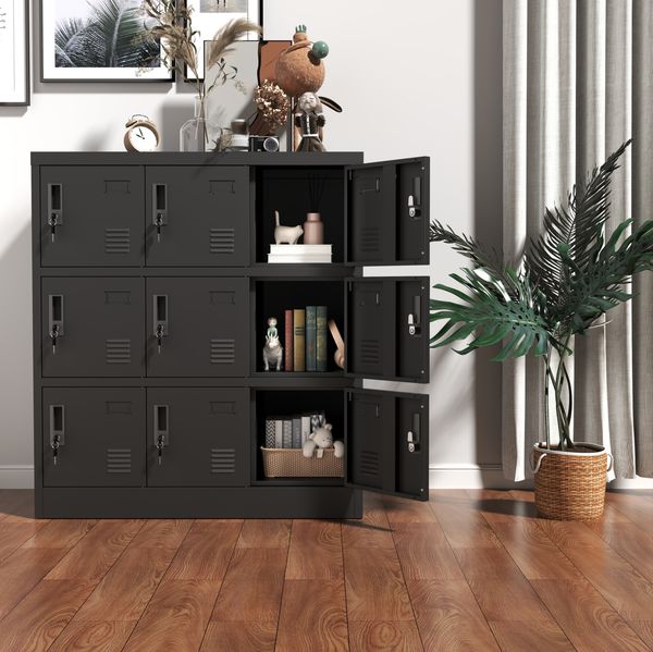 Metallschrank 90 x 40 x 100 cm, 9-türig, aus Stahl mit Schlössern und Kartenfächern, schwarz