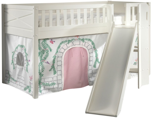 Kinderbett mit Rutsche Karyl Massivholz Weiß Textilset Birdy 1