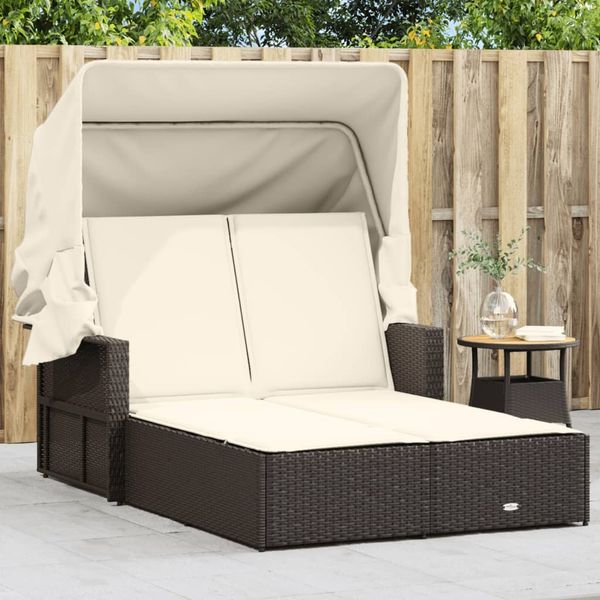 Doppel-Sonnenliege, Gartenliege mit Dach und Auflagen Braun Poly Rattan