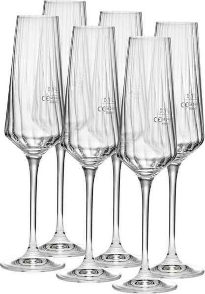 van Well Sektglas Eva, Sektgläser 20 cl geeicht, 6 Stück, 6-tlg, Kristallglas, Relief-Optik, spülmaschinengeeignet