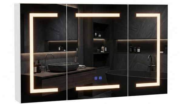 Furnishings Home Badezimmerspiegelschrank Spiegelschrank Doppeltür Hängeschrank mit LED (Einstellung der warmen und kalten Farbtemperatur 3000/4500/6400K) inkl. Steckdosen, LED-Beleuchtung, Touchschalter, Antibeschlagfunktion