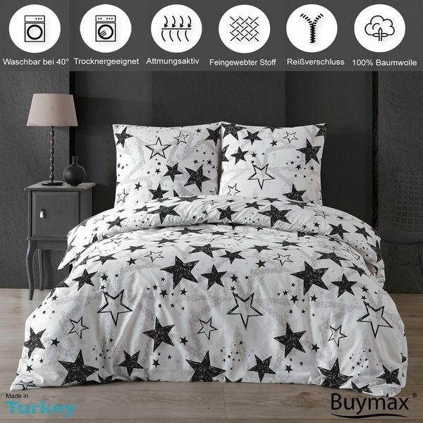 Buymax Bettwäsche Sterne-Muster, Stella Black, Renforcé, 2 teilig, Bettbezug-Set 155x220 cm 100% Baumwolle Reißverschluss Weiß Schwarz