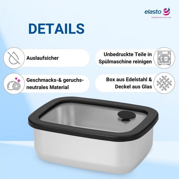 elasto Lunchbox Edelstahl Box mit Glasdeckel 550 ml auslaufsichere Brotdose Edelstahl