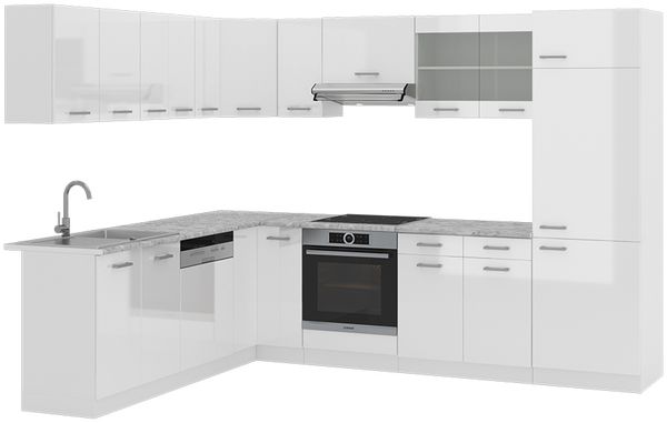 Eckküche R-Line Weiß Hochglanz/Weiß 287 x 46 cm ohne Arbeitsplatte Vicco