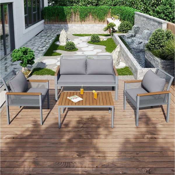 MODFU Gartenlounge-Set Loungemöbel-Set – Polyrattan & Akazienholz, (Doppelsofa, Outdoor-Sofa-Set, Balkonset, 4-tlg, wetterfest und robust, komfortabel), einfache Montage, für entspannte Stunden im Freien