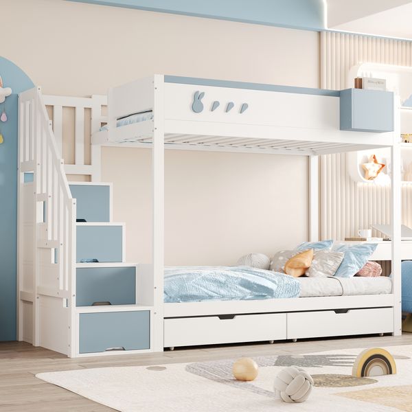 Kinder-Etagenbett 90x200 cm mit Kaninchen-Design, Stauraumleiter, Schubladen, Ablagefach, Massivholz,Weiß & blau