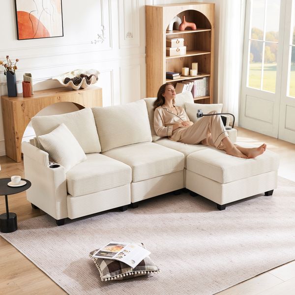 L-Form Sofa 3-Sitzer mit Hocker, Cordstoff, abnehmbaren Kissen, USB-Anschluss, Ablage & Handyhalter,Beige