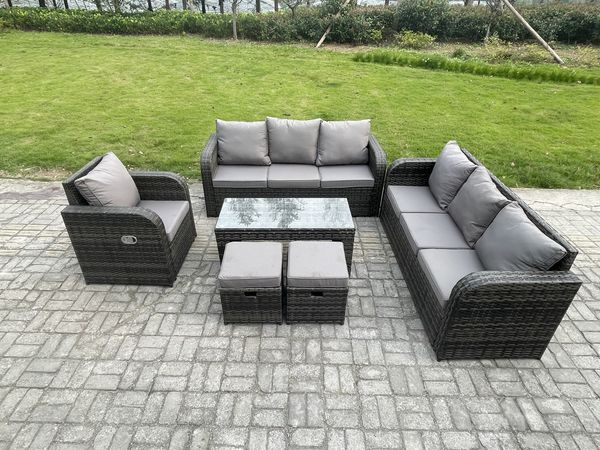 Fimous Rattan Gartenmöbel Set im Balkon 9-Sitzer Garten Sofa Set mit Rechteckiger Couchtisch Liegestühle 2 kleine Fußhockern