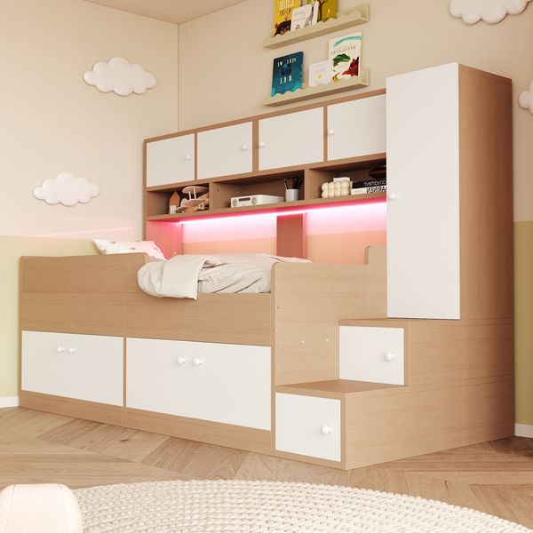 Merax Holzbett, Kinderbett 90 × 200 cm, Mit Stauraum, Ablagefächern, Kleiderschrank und Einfacher Kletterleiter, Mit LED-Beleuchtung, Kinderbettrahmen Mit Sicherheitsgeländer, Holzfarbe