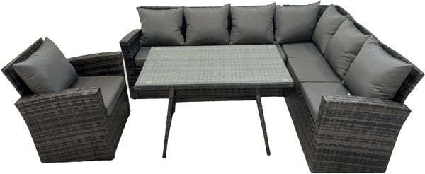 Fimous 7 Sitzer Hoher Rücken Rattan Gartenmöbel-Set Ecksofa mit Länglicher Esstisch und Sessel Set
