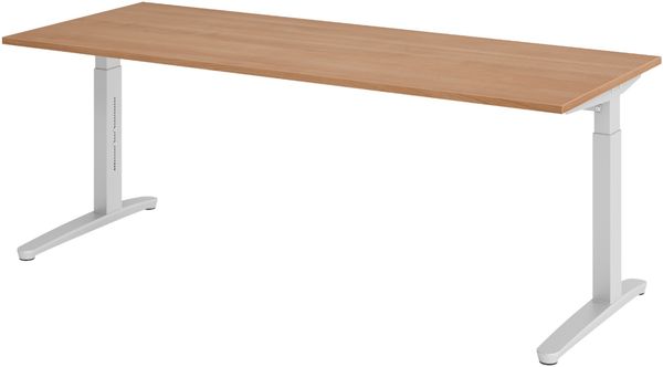 bümö manuell höhenverstellbarer Schreibtisch 200x80 in Nussbaum, Gestell in silber - PC Tisch höhenverstellbar & groß, höhenverstellbarer Tisch Büro, großer Computertisch verstellbar, X20-N-SS