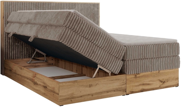 Boxspringbett, Set mit zwei Multipocket-Matratze und Topper, hohe Kopfteil, Eiche Wotan Holzrahmen - WOOD CLASSIC KING - 140 x 200 cm - Hellbraun Cord - H3 Bild 5