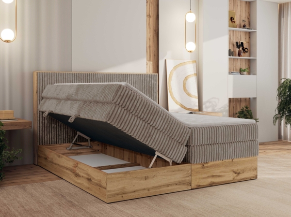 Boxspringbett, Set mit zwei Multipocket-Matratze und Topper, hohe Kopfteil, Eiche Wotan Holzrahmen - WOOD CLASSIC KING - 140 x 200 cm - Hellbraun Cord - H3 Bild 4