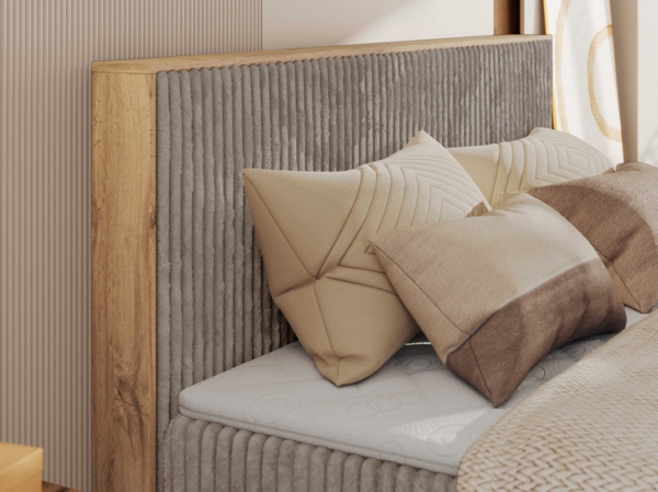 Boxspringbett, Set mit zwei Multipocket-Matratze und Topper, hohe Kopfteil, Eiche Wotan Holzrahmen - WOOD CLASSIC KING - 140 x 200 cm - Hellbraun Cord - H3 Bild 3
