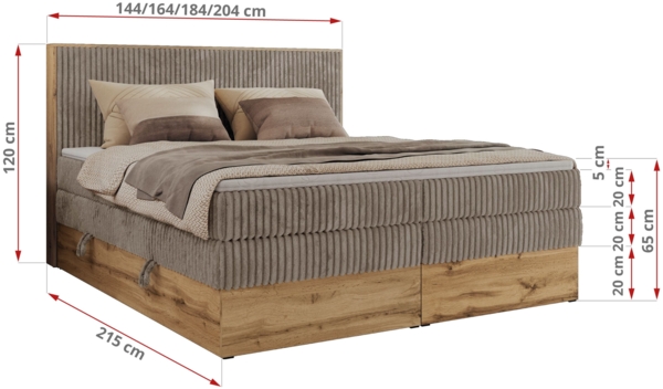 Boxspringbett, Set mit zwei Multipocket-Matratze und Topper, hohe Kopfteil, Eiche Wotan Holzrahmen - WOOD CLASSIC KING - 140 x 200 cm - Hellbraun Cord - H3 Bild 6