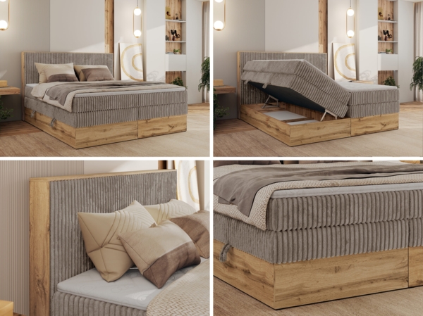 Boxspringbett, Set mit zwei Multipocket-Matratze und Topper, hohe Kopfteil, Eiche Wotan Holzrahmen - WOOD CLASSIC KING - 140 x 200 cm - Hellbraun Cord - H3 Bild 2