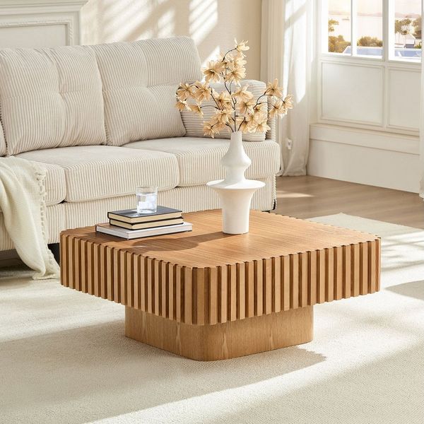 Square Fluted Coffee Table, Modern Ribbed Center Table with Solid Wood Stripe Accent, MDF with Wood Veneer Construction, Contemporary Accent Table for Living Room, Bedroom, and Office (Natural Color)