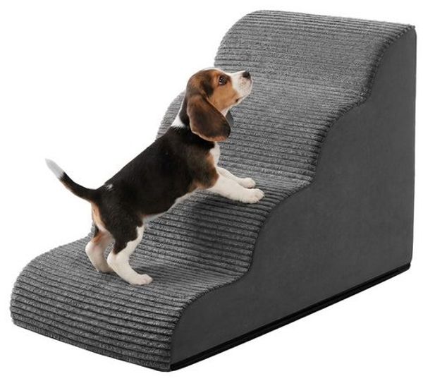 FEANDREA Hundetreppe, 4-stufig-Haustiertreppe, Cord mit Querstreifen, rutschfest, abnehmbarer waschbarer Bezug, Bleigrau