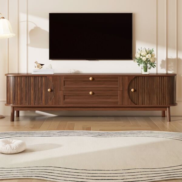 TV-Schrank, MDF in Nussbaumoptik mit Schiebetüren & Schubladen, 170x39,5x46 cm, Nussbaum
