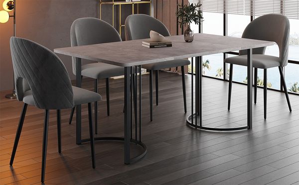 Esstischgruppe 140 x 80 x 75 cm mit Marmor-Muster MDF & Metallgestell, grau, mit 4 Samt-Stühlen