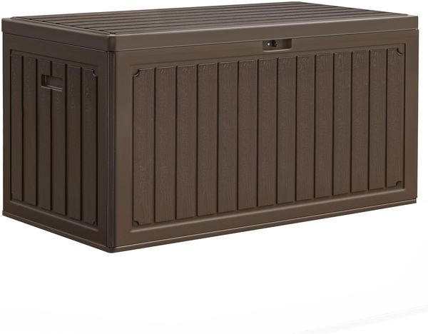 YITAHOME 303L Gartenbox Auflagenbox, HDPE Aufbewahrungsbox mit Schloss & Seitengriffen, Wetterfeste Sitzbank für Terrasse, Gartenmöbel, Kissen, Poolzubehör, Braun
