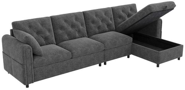 REDOM Sofa L-förmiges Samtsofa, mit Stauraum & Schlaffunktion, verstellbare Armlehnen mit Magazintaschen, graues/beiges 1 Teile