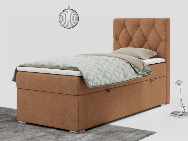 Boxspringbett ALDA, Einzelbett mit gestepptem Kopfteil und einem Bettkasten, 90x200 - Orange Stoff - rechts - H3