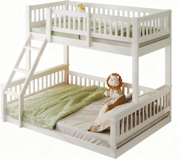 Etagenbett mit 2 Liegeflächen und Leiter, 90x200cm/140x200cm, Kinderbett mit Rausfallschutz, Jugendbett, Kiefer