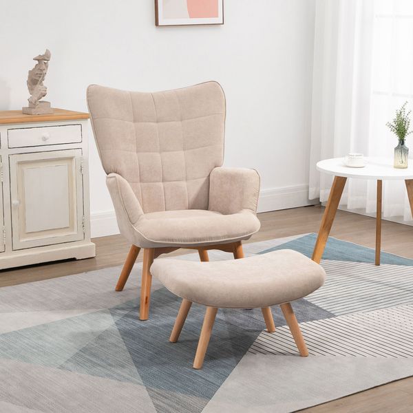 Sessel 72x80x101 cm mit Hocker, Cord-Bezug, Buchenholz‑Beine, beige