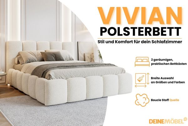 Deine Möbel 24 Polsterbett VIVIAN Bett Komplettbett Bouclé mit Bettkasten und Lattenrost (Set, 3-tlg, Bubble Bett in Beige / Creme / Grau / Hellgrau / Dunkelgrau / Weiß), 140x200 160x200 180x200 200x200 cm Bild 2